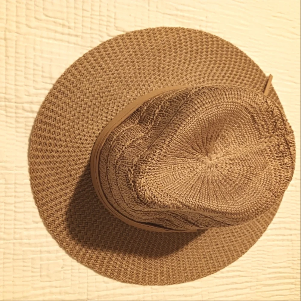 Straw Tan Boho Cowboy Summer Hat With Leather Tie Strings Osfa - Picture 2 of 8